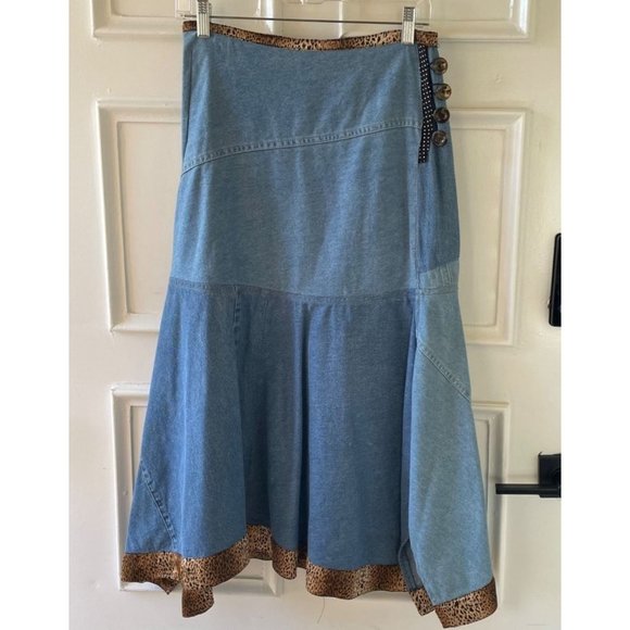 Womens One of a Kind Designer Made Denim Skirt with Leopard Print Trim Sz 2 - Picture 14 of 15